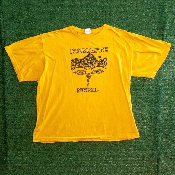VINTAGE NEPAL NAMASTE SHANGRI-LA MENS T-SHIRT YELOW SINGLE STITCH RETRO TEE SZ L - Picture 6 of 6